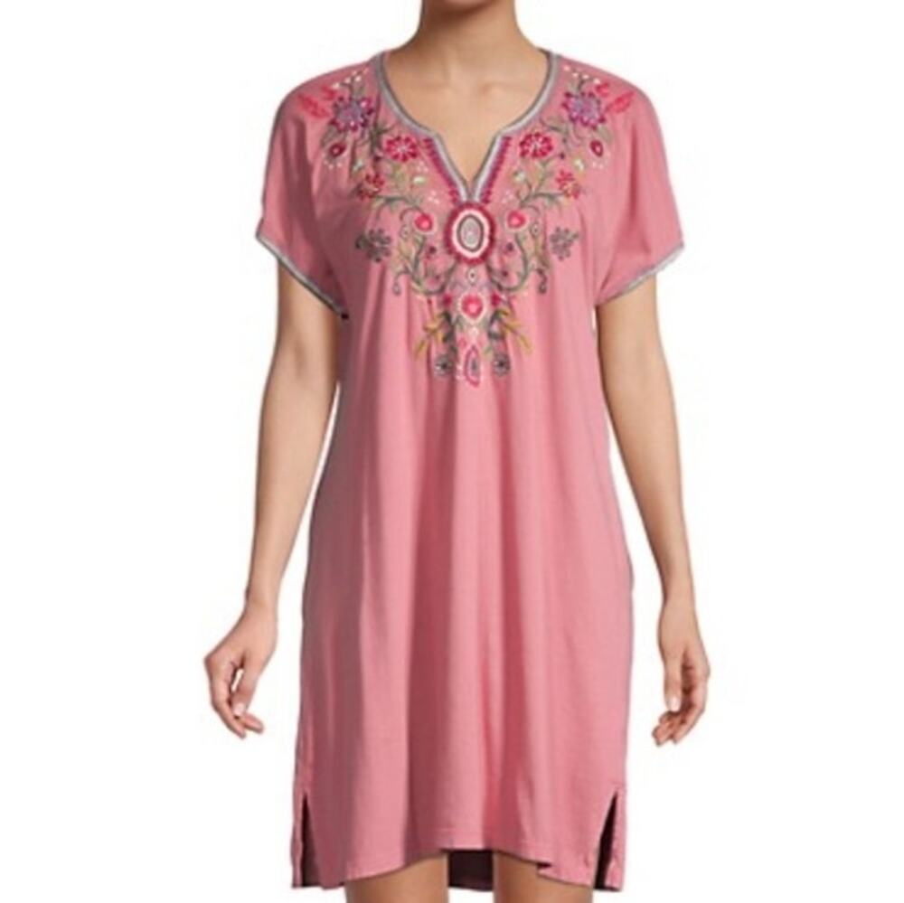 Johnny Was Hulda Easy Embroidery Rose Pink Floral Tunic Dress M